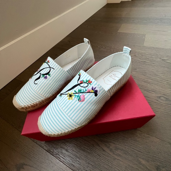 ROGER VIVIER Blooming Rv Embroidered Striped Canvas Espadrilles Blue Size 7 - Picture 9 of 12